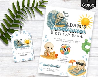 Skeleton Summerween Halloween Pool Invitation Printable, Summerween Birthday Invitation Digital, Summerween Pool Party Invite, Kid Birthday