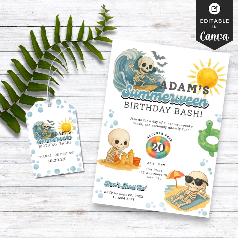 Skeleton Summerween Halloween Pool Invitation Printable, Summerween Birthday Invitation Digital, Summerween Pool Party Invite, Kid Birthday