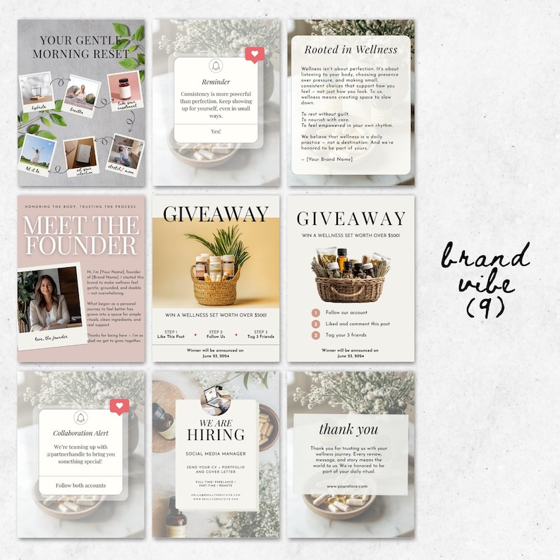 Flatlay of editable Canva Instagram templates for supplement and wellness brands, showing aesthetic 4:5 post designs with bold minimalist layouts.