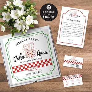 Caixa de pizza personalizada para casamento, modelo editável do Canva, dicas de Mad Libs para casamento, cartão fidelidade, convite de casamento com pizza, festa de casamento com pizza