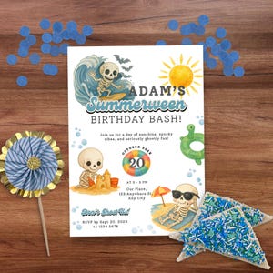 Skeleton Summerween Halloween Pool Invitation Printable, Summerween Birthday Invitation Digital, Summerween Pool Party Invite, Kid Birthday