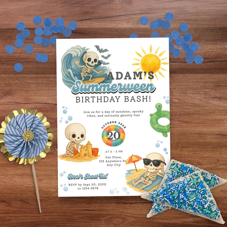 Skeleton Summerween Halloween Pool Invitation Printable, Summerween Birthday Invitation Digital, Summerween Pool Party Invite, Kid Birthday