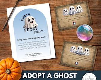 Certificado para adoptar un fantasma para imprimir Letrero para adoptar un fantasma Fiesta de adopción de mascotas fantasma Juegos de Halloween Recuerdo de fiesta de fantasmas Juego de aula Fantasma lindo