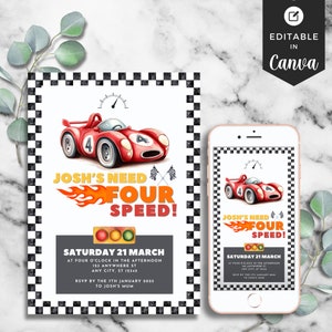 Need Four Speed 4th Birthday Invitation Race Car Birthday Party Invite Boy 4th Birthday Racing Party Vintage Racecar 4th Birthday Invite
