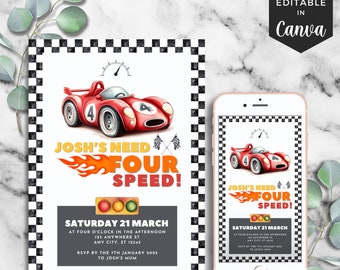 Need Four Speed 4th Birthday Invitation Race Car Birthday Party Invite Boy 4th Birthday Racing Party Vintage Racecar 4th Birthday Invite