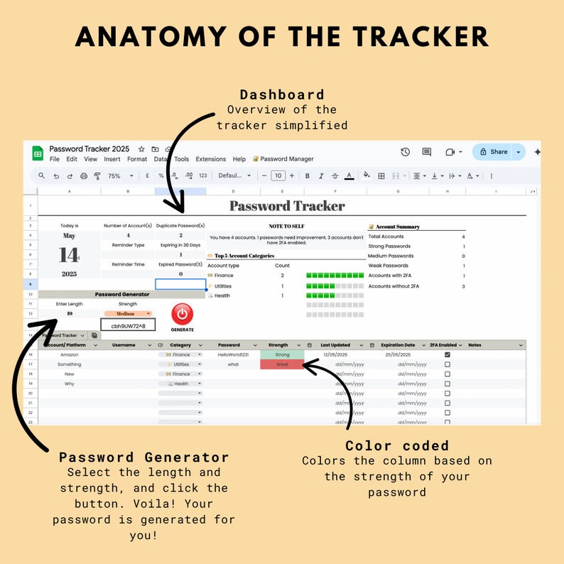Password Tracker Google Sheet Digital Password Organizer Spreadsheet ...