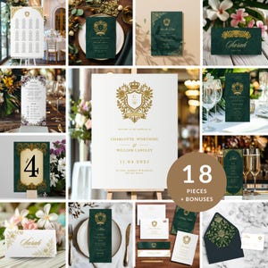 May include: A selection of wedding stationery in green and gold. The set includes invitations, menus, table cards, and a welcome sign. The designs feature ornate gold crests and floral details. The welcome sign displays the names Charlotte Worthing and William Langley, and the date 11.04.2025.