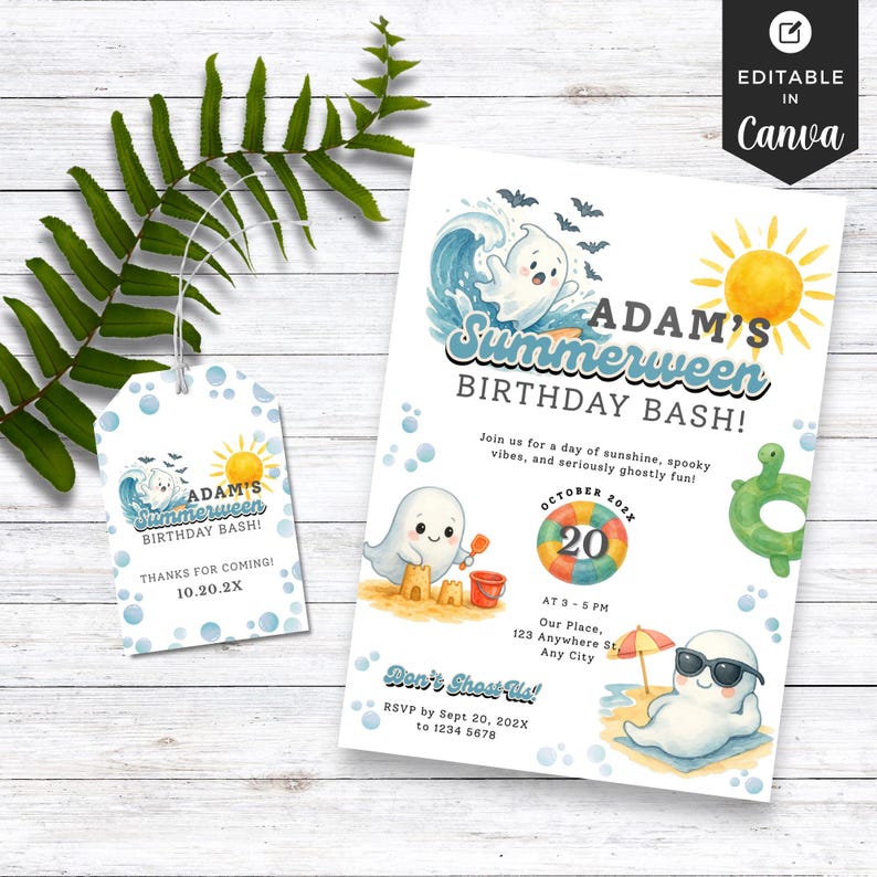 Colorful Summerween birthday invitation featuring cute cartoon ghosts at the beach, pool floats, sunshine, and Halloween-themed summer party graphics.