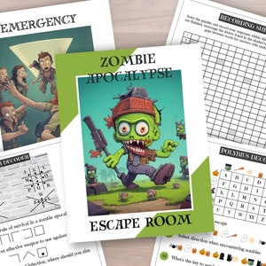 May include: A printable escape room game for kids ages 6-10. The game features a zombie theme and includes a cipher decoder, a polybius decoder, and a recording sheet. The game is designed to be played with a group of friends or family.