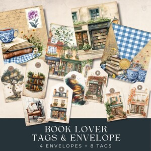 May include: A set of eight book-themed gift tags and four envelopes. The tags feature watercolor illustrations of books, bookstores, and other literary elements. The envelopes are blue and white gingham.