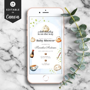 Plantilla de Canva de invitación digital de género neutro para baby shower con dumplings de Evite Un pequeño dumpling está en camino Tarjeta de baby shower con dumplings