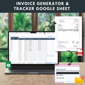 May include: A laptop computer displaying a Google Sheet with a spreadsheet for generating invoices. The spreadsheet has columns for invoice number, invoice date, due date, customer name, item, and quantity. The sheet also has buttons for "Start Here", "Setup", "Invoice Template", "Invoice Master List", "Generate Invoice", and "Customer". The laptop is on a wooden table. A pop-up message on the screen says "Hi Emily Johnson, Please find your invoice at the following link... Best regards, Your Company".