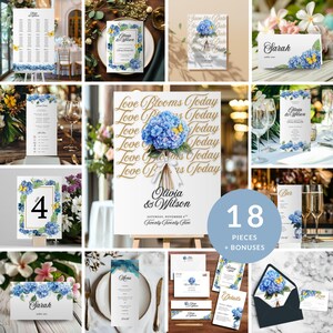 Pode incluir: Uma coleção de papelaria de casamento com desenhos florais de hortênsias azuis. Inclui convites, cartões de mesa, menus e um letreiro grande com o texto "Love Blooms Today" e os nomes "Olivia & Wilson".