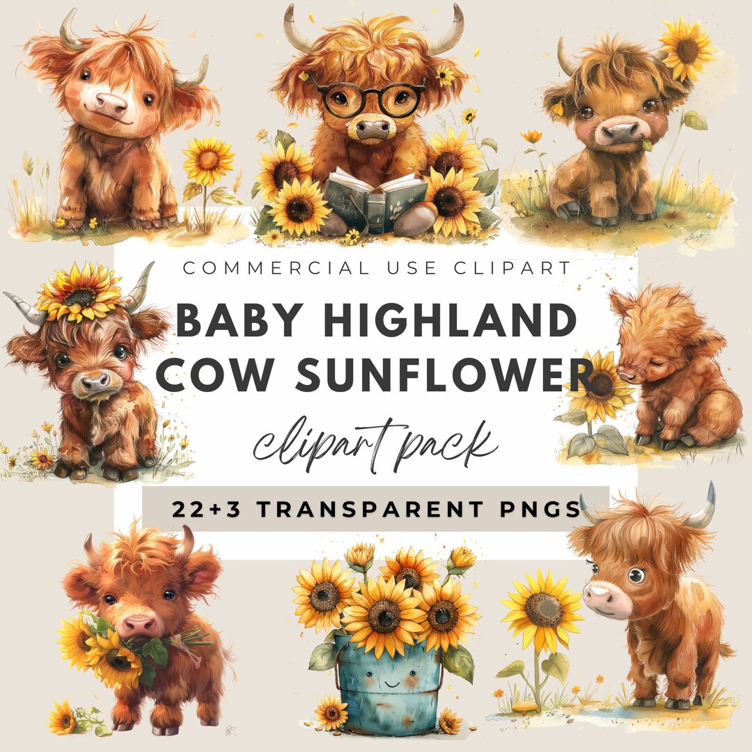 Baby Highland Cow Sunflower PNG Watercolor Sunflower Highland Cows ...