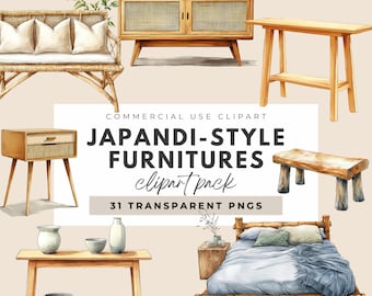 Japandi Furniture Watercolor Clipart Wabi Sabi Style Modern Japandi Art Scandinavian Japanese Furniture Clipart Digital Home Decor Clipart