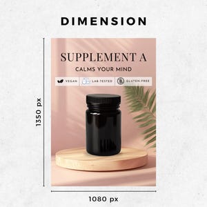 Flatlay of editable Canva Instagram templates for supplement and wellness brands, showing aesthetic 4:5 post designs with bold minimalist layouts.