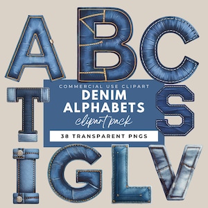 May include: A set of denim alphabet letters in blue with yellow stitching. The letters are A, B, C, T, I, G, L, V, and S. The letters are arranged in a random order. The letters are on a light brown background. The text "COMMERCIAL USE CLIPART DENIM ALPHABETS clipart pack 38 TRANSPARENT PNGS" is at the top of the image.