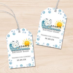 Colorful Summerween birthday invitation featuring cute cartoon ghosts at the beach, pool floats, sunshine, and Halloween-themed summer party graphics.