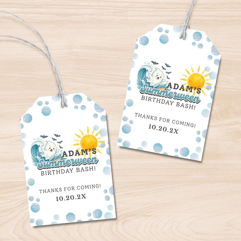 Colorful Summerween birthday invitation featuring cute cartoon ghosts at the beach, pool floats, sunshine, and Halloween-themed summer party graphics.