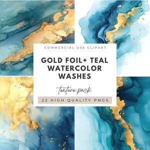 Gold Foil and Teal Watercolor Wash Clipart Abstract Teal Watercolor Splashes Texture Pack Metallic Gold Brush Strokes Background