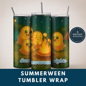 May include: Three tall, cylindrical tumblers with a wraparound design featuring cartoon ghosts around a campfire under a starry night sky. The text "Summerween nights" is displayed on the front, with the words "Summerween Tumbler Wrap" below.