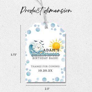 Colorful Summerween birthday invitation featuring cute cartoon ghosts at the beach, pool floats, sunshine, and Halloween-themed summer party graphics.