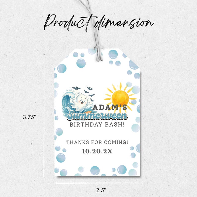 Colorful Summerween birthday invitation featuring cute cartoon ghosts at the beach, pool floats, sunshine, and Halloween-themed summer party graphics.