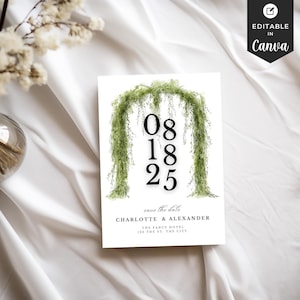 Spanish Moss Save the Date Card, Rustic Oak Tree Wedding Invite with Lanterns and Greenery, Editable Spanish Moss Tree Wedding Announcement