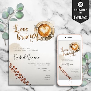 Love is Brewing Bridal Shower Invite Coffee Themed Brunch Minimalist Modern Bachelorette Party Editable Coffee Lover Invitation Canva
