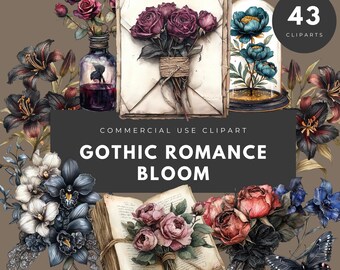 Conjunto de 43 imágenes prediseñadas de romance gótico y flores oscuras, PNG de estética gótica romántica vintage para uso comercial, diseños de ilustraciones digitales