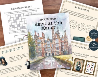 Può includere: Gioco di escape room con un'illustrazione ad acquerello di un maniero. Il gioco si chiama "Heist at the Manor" ed è progettato per i ragazzi dai 10 anni in su. Il gioco include un elenco di sospettati, un foglio di registrazione e diverse carte puzzle.
