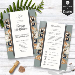 May include: Wedding invitation suite featuring a whimsical cat theme. The invitation and details card have a gray background with a border of cats in formal attire. The invitation includes the names "Olivia & Wilson" and the date "Saturday, November 4th, Twenty Twenty Five."