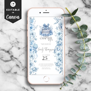Ein neues Kapitel Blau Toile du Jouy Baby Shower Mobile Einladung Elegant Digital eVite Buch Thema Dusche Blau Blumen laden Jungen Babyparty ein