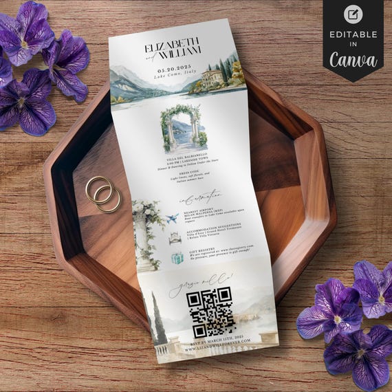 Destination Wedding Trifold Invitation, Lake Como Wedding