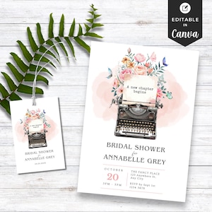 May include: A printable bridal shower invitation with a vintage typewriter and floral design. The invitation says "A new chapter begins" and "Bridal Shower for Annabelle Grey". The date is October 20th, from 3 PM to 5 PM. The location is "The Fancy Place, 123 Anywhere St., Any City". The RSVP date is September 1st, 1234 5678.