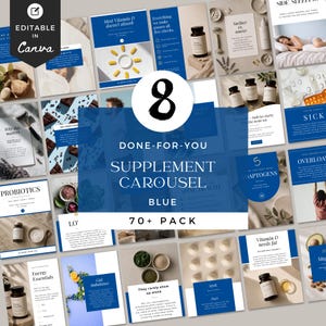 Puede incluir: Una colección de gráficos digitales azules y blancos para la promoción de suplementos. Los gráficos incluyen texto e imágenes relacionadas con la salud, las vitaminas y el bienestar. Se muestra el texto "Done-For-You Supplement Carousel Blue".
