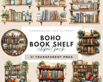 May include: A set of 21 digital clipart images of boho-style bookshelves with various plants, books, and decorative elements. The images are in a watercolour style and are perfect for creating digital designs, planners, and other creative projects.