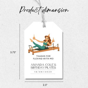 Fun Pilates birthday invitation featuring a woman balancing cupcakes in a Pilates reformer pose, surrounded by fitness accessories like socks, water bottle, and exercise ball.