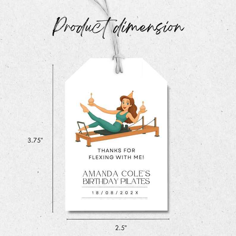 Fun Pilates birthday invitation featuring a woman balancing cupcakes in a Pilates reformer pose, surrounded by fitness accessories like socks, water bottle, and exercise ball.