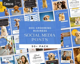 Pakiet szablonów mediów społecznościowych dla branży pielęgnacji psów, edytowalne posty i historie na Instagramie Canva dla firm zajmujących się pielęgnacją zwierząt, branding psów na Instagramie