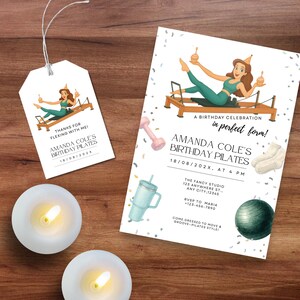 Fun Pilates birthday invitation featuring a woman balancing cupcakes in a Pilates reformer pose, surrounded by fitness accessories like socks, water bottle, and exercise ball.