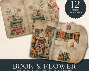 Books and Flowers Junk Journal Page Floral Junk Journal Folio Kit Books Junk Journal Printable Digital Folio Paper Folio for Scrapbook