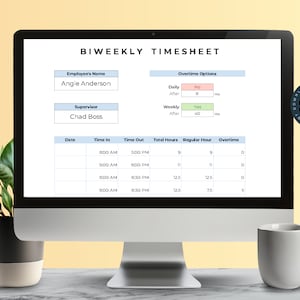 May include: A biweekly timesheet template on a computer screen. The template includes fields for employee name, supervisor, date, time in, time out, total hours, regular hours, and overtime. The template also includes options for daily and weekly overtime.