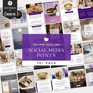 May include: A collection of sound healing social media posts, with a purple and white color scheme. The posts include text such as "Pregnancy", "Crystal Singing Bowl", and "Full Moon Healing". The image also includes the text "Editable in Canva".