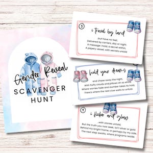 Tarjetas de pistas para la búsqueda del tesoro de revelación de género, juego de revelación de género, juego de baby shower, búsqueda del tesoro con acertijos imprimibles, anuncio de nuevo bebé