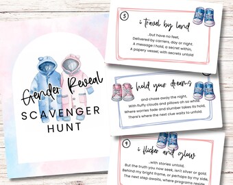 Gender Reveal Scavenger Hunt Clue Cards for Gender Reveal Game Baby Shower Game Printable Riddle Scavenger Hunt New Baby Announcement