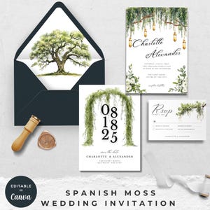 Spanish Moss Wedding Invitation Set Oak Tree Wedding RSVP Spanish Moss Wedding Envelope Liners Elegant Greenery Wedding Template Rustic