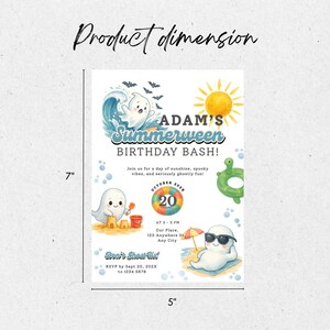 Colorful Summerween birthday invitation featuring cute cartoon ghosts at the beach, pool floats, sunshine, and Halloween-themed summer party graphics.