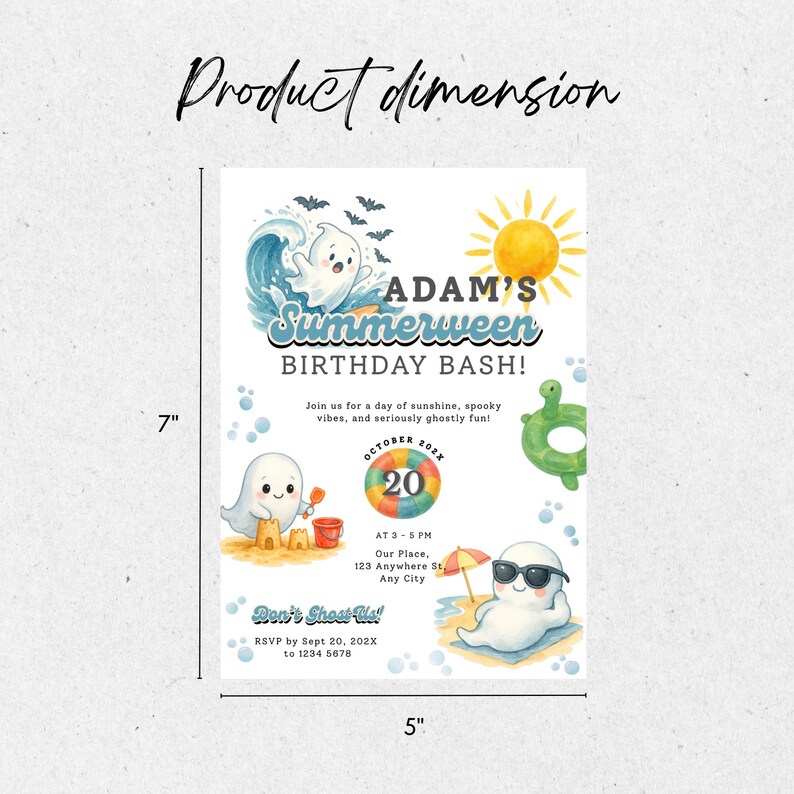 Colorful Summerween birthday invitation featuring cute cartoon ghosts at the beach, pool floats, sunshine, and Halloween-themed summer party graphics.