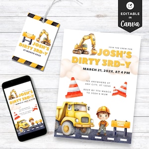 Dirty 3rd-y Birthday Invitation Construction Theme 3rd Birthday Boy 3rd Birthday Party Invite Dump Truck Tractor Birthday Dirty 3rdy Invite